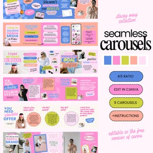 May include: A digital marketing template set with a pink, blue, and green color scheme. The design includes text and graphics for social media carousels, with phrases like "How to transform your social media in 30 days."