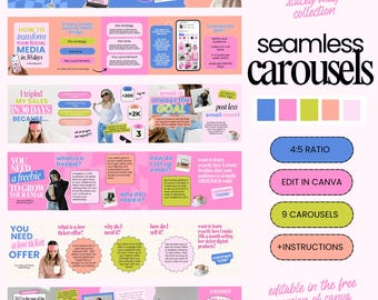 Canva Carousel Templates: Social Media Marketing, Coach Content (9 Seamless Posts, 45 Pages)