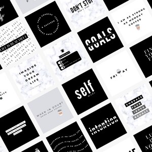 Pu&ograve; includere: Una collezione di 16 carte di citazioni motivazionali in bianco e nero con uno sfondo di marmo. Le citazioni includono "Spread Positivity", "Life is Beautiful", "Imagine Your Dream Life", "Don't Stop", "Goals", "I am as Strong as Monday Coffee", "Find Your Fire", "When in Doubt Drink More Coffee", "Self Made", "Friday", "Embrace Your Inner Badass", "Intention", "Luck Has Nothing to Do With It", e altro ancora.