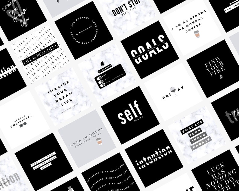 Pu&ograve; includere: Una collezione di 16 carte di citazioni motivazionali in bianco e nero con uno sfondo di marmo. Le citazioni includono "Spread Positivity", "Life is Beautiful", "Imagine Your Dream Life", "Don't Stop", "Goals", "I am as Strong as Monday Coffee", "Find Your Fire", "When in Doubt Drink More Coffee", "Self Made", "Friday", "Embrace Your Inner Badass", "Intention", "Luck Has Nothing to Do With It", e altro ancora.