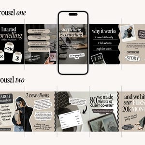 May include: A digital marketing carousel graphic with text and images. The graphic includes the phrases "I started storytelling," "storytelling is converting," and "why it works." Other text includes "2 new clients" and "80 pieces of client content."