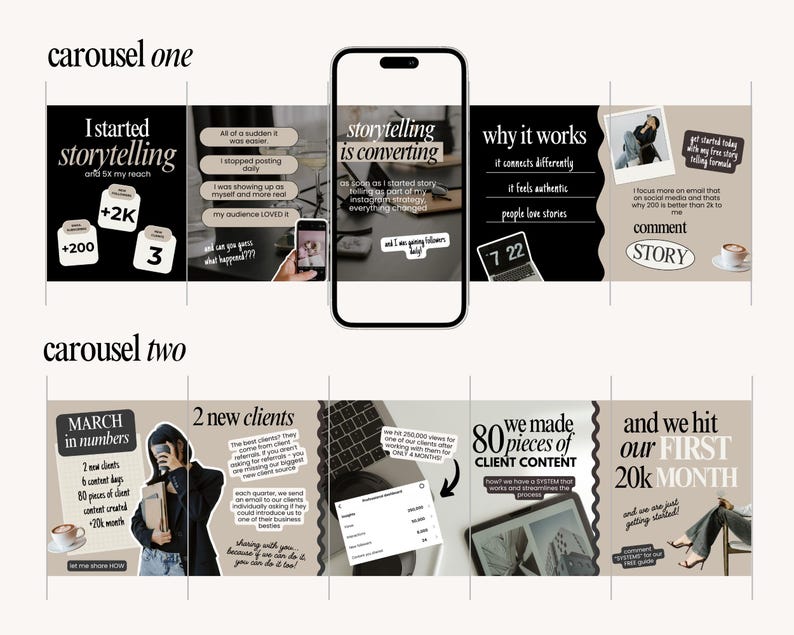May include: A digital marketing carousel graphic with text and images. The graphic includes the phrases "I started storytelling," "storytelling is converting," and "why it works." Other text includes "2 new clients" and "80 pieces of client content."