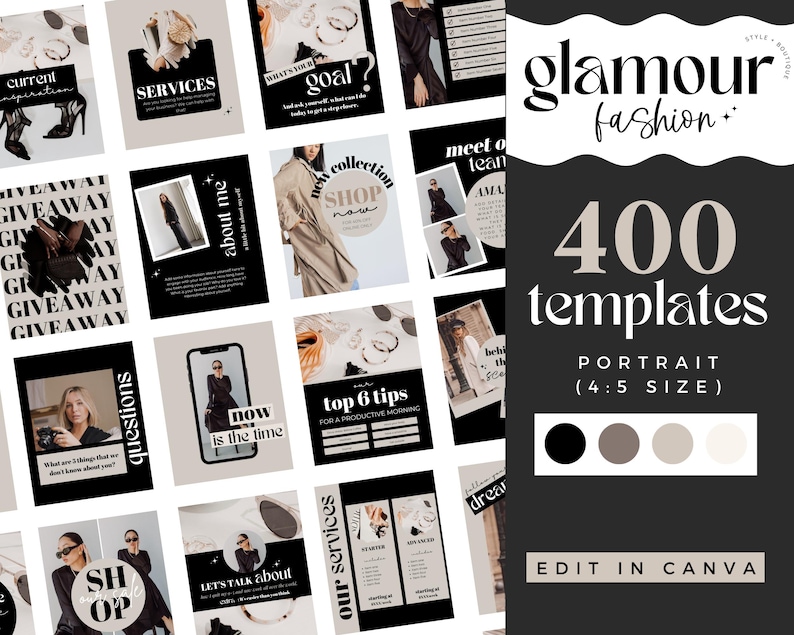 400 Fashion Instagram Templates: Black & White Canva Designs - Etsy