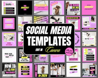 May include: A collection of 16 social media templates for Canva. The templates are pink, black, and yellow with text that includes "Social Media Templates", "Edit in Canva", "Oh so social!" and "Three things to start in 2024".