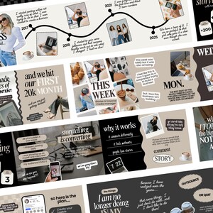 May include: A collection of images and text elements, including a timeline, infographics, and social media mockups. The theme appears to be about business, social media, and content creation. The colour palette is neutral with black, white, and beige.