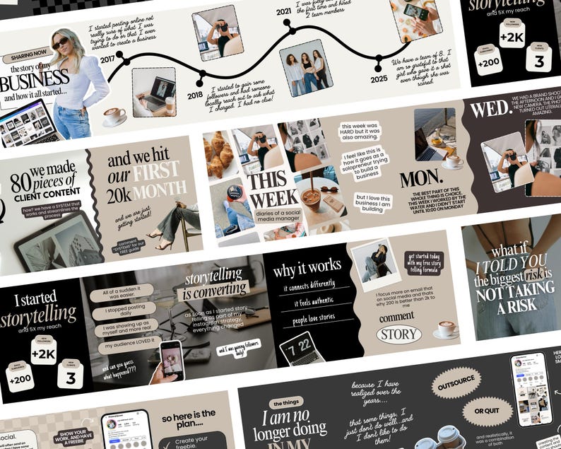 May include: A collection of images and text elements, including a timeline, infographics, and social media mockups. The theme appears to be about business, social media, and content creation. The colour palette is neutral with black, white, and beige.