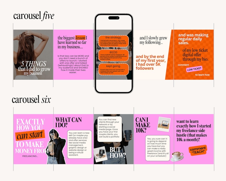 May include: A digital marketing carousel with text and graphics. The slides discuss business growth, strategies, and freelancing. Topics include making money, building a portfolio, and achieving income goals. The color scheme is primarily pink, orange, and white.