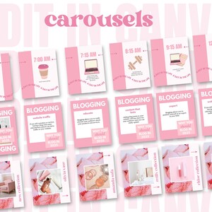 May include: A pink and white graphic design template for social media featuring the text "carousels" in a pink box. The template includes a variety of images and text, including a day in the life, blogging tips, and product photos.