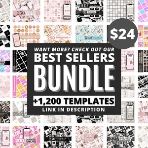 Pu&ograve; includere: Un collage di immagini che mostrano vari modelli di post di Instagram per i social media. I modelli presentano diversi design, colori e layout, tra cui temi di citazioni, viaggi e stile di vita. Il testo "WANT MORE? CHECK OUT OUR BEST SELLERS BUNDLE +1,200 TEMPLATES LINK IN DESCRIPTION" &egrave; visualizzato in caratteri grandi e grassetto. Il prezzo del pacchetto &egrave; di 24&nbsp;&euro;.