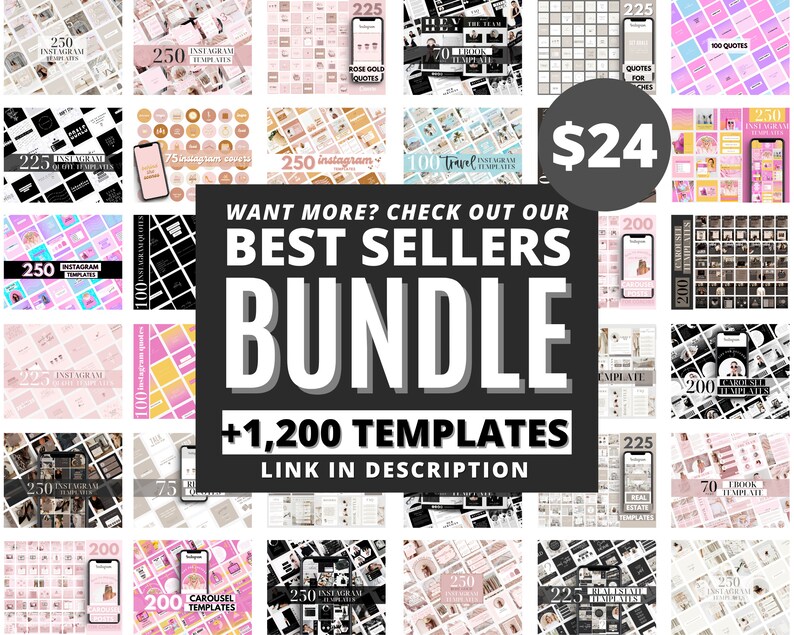 Pu&ograve; includere: Un collage di immagini che mostrano vari modelli di post di Instagram per i social media. I modelli presentano diversi design, colori e layout, tra cui temi di citazioni, viaggi e stile di vita. Il testo "WANT MORE? CHECK OUT OUR BEST SELLERS BUNDLE +1,200 TEMPLATES LINK IN DESCRIPTION" &egrave; visualizzato in caratteri grandi e grassetto. Il prezzo del pacchetto &egrave; di 24&nbsp;&euro;.