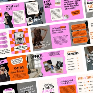 May include: A collection of pink and orange social media graphics with text about freelancing, business goals, and personal growth. The graphics include phrases like "Exactly How You Can Start To Make Money From Freelancing" and "What If I Told You The Biggest Risk Is Not Taking A Risk."