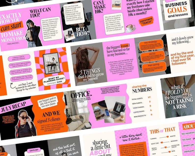 May include: A collection of pink and orange social media graphics with text about freelancing, business goals, and personal growth. The graphics include phrases like "Exactly How You Can Start To Make Money From Freelancing" and "What If I Told You The Biggest Risk Is Not Taking A Risk."