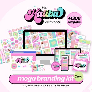 May include: A pink and green branding kit for social media featuring the text "the Malibu company" and "+1300 templates". The kit includes a range of templates for Instagram, Facebook, and other social media platforms. It also includes a variety of graphics, such as stickers, icons, and backgrounds. The kit is designed to help businesses and individuals create a consistent brand identity for their social media presence.