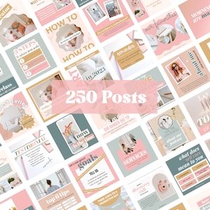 May include: A collection of 250 social media posts with a soft, pastel color palette. The posts feature various topics, including self-care, goal setting, and business tips. Each post has a unique design with text and images.