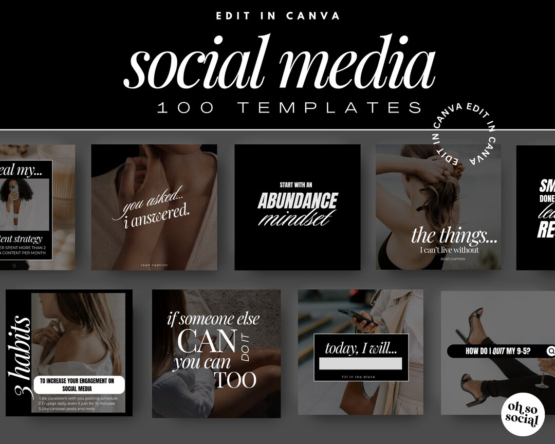 Canva Instagram Templates: Black and White Social Media (100 Templates ...