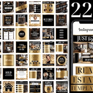 Pode incluir: Uma coleção de 225 modelos de postagens do Instagram para agentes imobiliários. Os modelos apresentam um esquema de cores preto e dourado com imagens de casas de luxo e sobreposições de texto. O texto inclui frases como "Just Listed", "Sold", "Market Update" e "Open House".