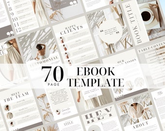 Peut inclure: Modèle de livre électronique de 70 pages avec un fond beige et du texte noir. Le modèle comprend des pages pour une table des matières, rencontrer l'équipe, des témoignages, des clients satisfaits, notre vision, et plus encore. Le modèle est conçu pour une esthétique minimaliste.