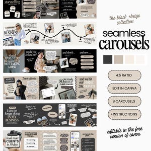 May include: A digital product featuring seamless carousels in a black and beige palette. The design includes text elements like "BUSINESS", "CLIENT CONTENT", and "20K MONTH", alongside instructions and editing options in Canva. The product is for social media.