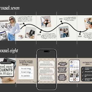 May include: A digital marketing timeline graphic with the text "the story of my BUSINESS" and "book more CLIENTS in 30 days." The graphic includes images of a laptop, coffee cup, and a smartphone. The timeline spans from 2017 to 2025.
