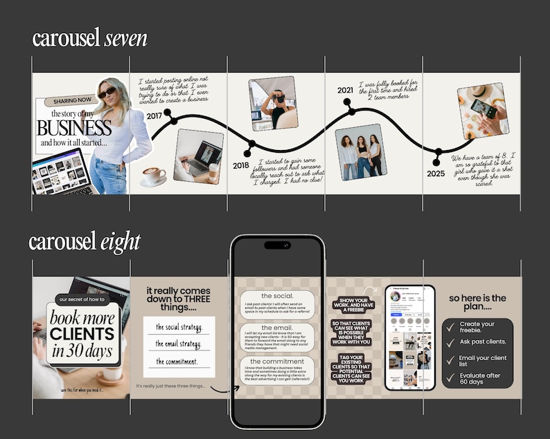 May include: A digital marketing timeline graphic with the text "the story of my BUSINESS" and "book more CLIENTS in 30 days." The graphic includes images of a laptop, coffee cup, and a smartphone. The timeline spans from 2017 to 2025.