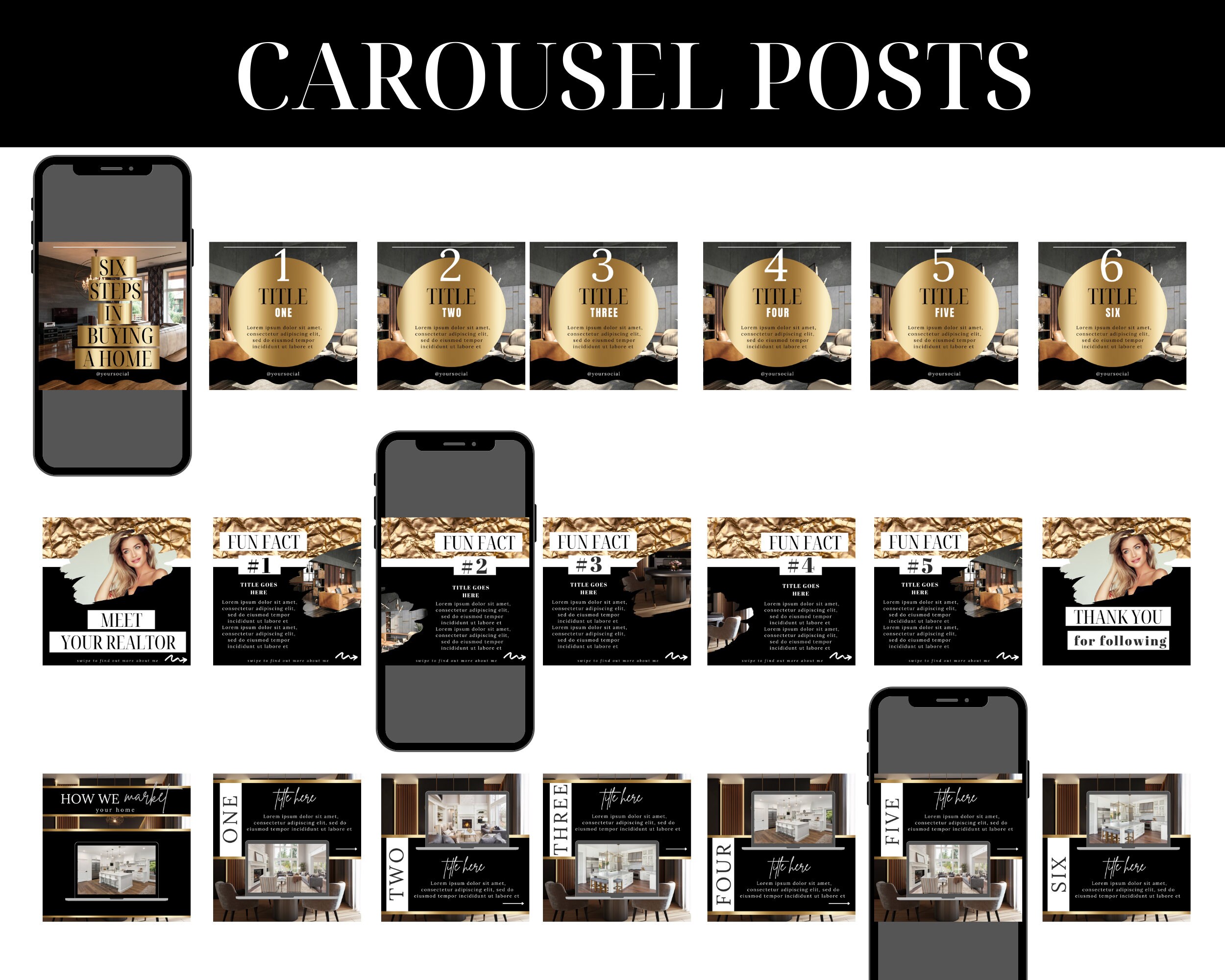Gold Real Estate Instagram Templates: Realtor Social Media (digital ...