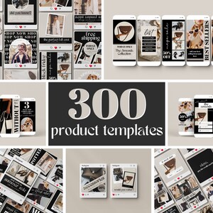 Pode incluir: Uma colagem de imagens que mostram vários modelos de produtos para marketing em mídias sociais. Os modelos apresentam um esquema de cores preto e branco com um design moderno e minimalista. As imagens incluem texto como "Must have this fall", "Best Sellers", "Free Shipping", "Today Only", "The Amanda Collection", "List", "50% off", "300 product templates", "Accessories", "New Collection", "Summer Sale", "In stock now", "Flash Sale", and "Must have".