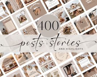 May include: A collage of 400 social media posts and stories for Instagram. The images are in a neutral color palette of beige, brown, and white. The text includes phrases like "new podcast", "my morning routine", "giveaway", "5 habits everyday", "inspiration", and "ask me anything".