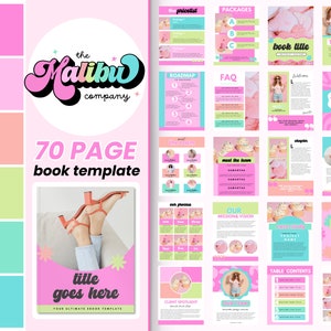 Op de afbeelding: Een 70 pagina's tellende boektemplate met een roze en groene kleurstelling. De omslag toont een paar rode hakken en de tekst "title goes here".
