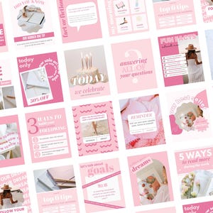 May include: A collage of pink and white Instagram story templates with text overlays. The templates feature tips for working from home, fun facts, and motivational quotes. The text includes phrases like "Did you know", "Today only", "Answering all of your questions", "Follow your dreams", and "Let's talk about goals".