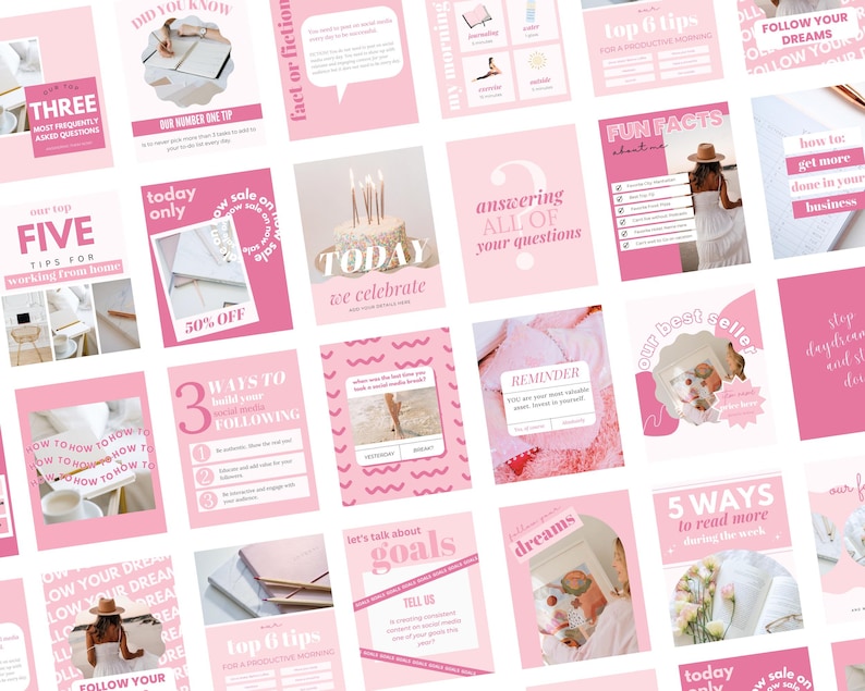 May include: A collage of pink and white Instagram story templates with text overlays. The templates feature tips for working from home, fun facts, and motivational quotes. The text includes phrases like "Did you know", "Today only", "Answering all of your questions", "Follow your dreams", and "Let's talk about goals".