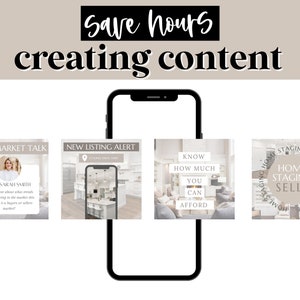 May include: A phone screen displaying four social media posts for a real estate agent. The posts include a market update, a new listing alert, a tip on knowing how much you can afford, and a post about how home staging sells.
