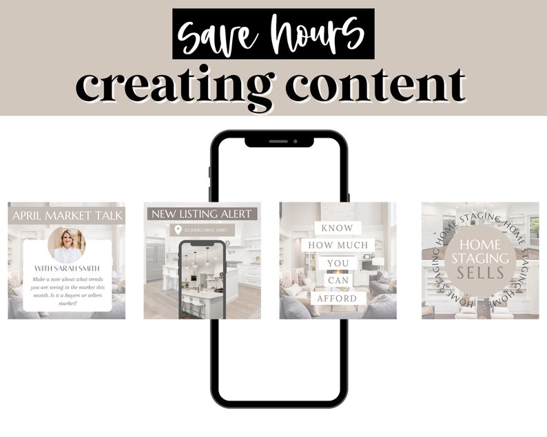 May include: A phone screen displaying four social media posts for a real estate agent. The posts include a market update, a new listing alert, a tip on knowing how much you can afford, and a post about how home staging sells.