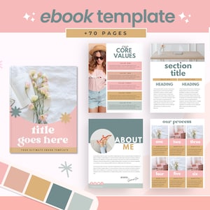 May include: A pink and green ebook template with the title "title goes here" and the text "Your Ultimate Ebook Template". The template includes sections for core values, about me, and our process. The template also includes a colour palette with pink, beige, and green colours.