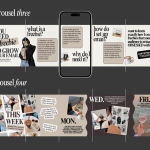 May include: A digital marketing carousel with text about growing an email list, freebies, and social media management. The image includes a smartphone, coffee, and various lifestyle photos.