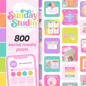 Könnte beinhalten: Eine Sammlung von 800 Social-Media-Posts für ein Unternehmen namens "The Sunday Studio", das Geschenke und Kunsthandwerk verkauft. Die Posts zeigen farbenfrohe Hintergründe und Text mit motivierenden Zitaten und Tipps für Produktivität, Zielsetzung und das Verfolgen deiner Träume.