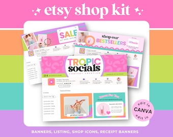 Puede incluir: Un kit de marketing digital para tiendas Etsy con un esquema de color rosa, verde y azul. El kit incluye banners, listados, iconos de tienda y banners de recibos. El texto "Tropic Socials" aparece en una fuente rosa y negra. El texto "Shop our Bestsellers" aparece en una fuente rosa y blanca. El texto "Sale Buy More, Save More" aparece en una fuente rosa y blanca. El texto "Edit in Canva" aparece en una fuente rosa y blanca.
