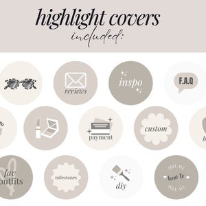 May include: A set of 16 Instagram highlight covers with various icons and text. The icons include a pair of sunglasses, an envelope, a speech bubble, an apple, a lipstick, a credit card, a paintbrush, a heart, a star, and a dumbbell. The text includes "inspo", "reviews", "F.A.Q", "health", "meal prep", "payment", "custom", "fav outfits", "milestones", "diy", "how to", and "tell all".
