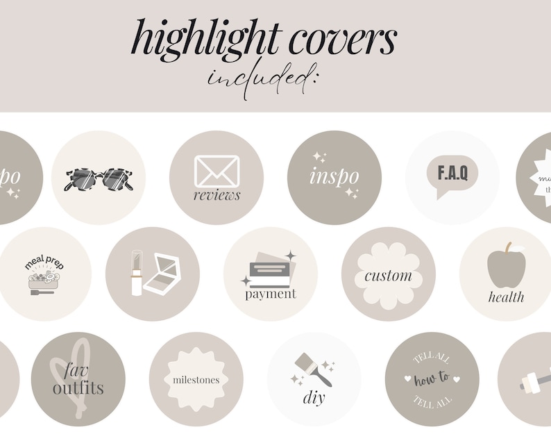 May include: A set of 16 Instagram highlight covers with various icons and text. The icons include a pair of sunglasses, an envelope, a speech bubble, an apple, a lipstick, a credit card, a paintbrush, a heart, a star, and a dumbbell. The text includes "inspo", "reviews", "F.A.Q", "health", "meal prep", "payment", "custom", "fav outfits", "milestones", "diy", "how to", and "tell all".