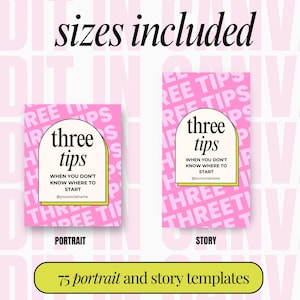 Puede incluir: Una plantilla de dise&ntilde;o gr&aacute;fico rosa y amarilla para redes sociales. La plantilla presenta el texto "three tips" y la frase "When you don't know where to start". La plantilla est&aacute; disponible en tama&ntilde;os de retrato e historia. El texto "75 portrait and story templates" tambi&eacute;n est&aacute; incluido.