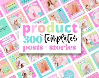 Puede incluir: Un collage de plantillas de publicaciones en redes sociales coloridas para un negocio. Las plantillas presentan colores rosa, verde y azul con texto que dice "product 300 templates posts + stories".