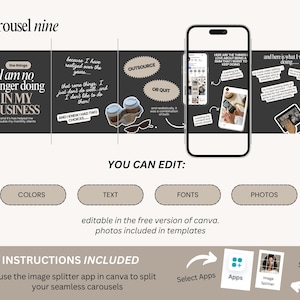 May include: A digital marketing template with a carousel design. The design includes text, graphics, and a smartphone mockup. The text includes phrases like "I am no longer doing in my business" and "You can edit".