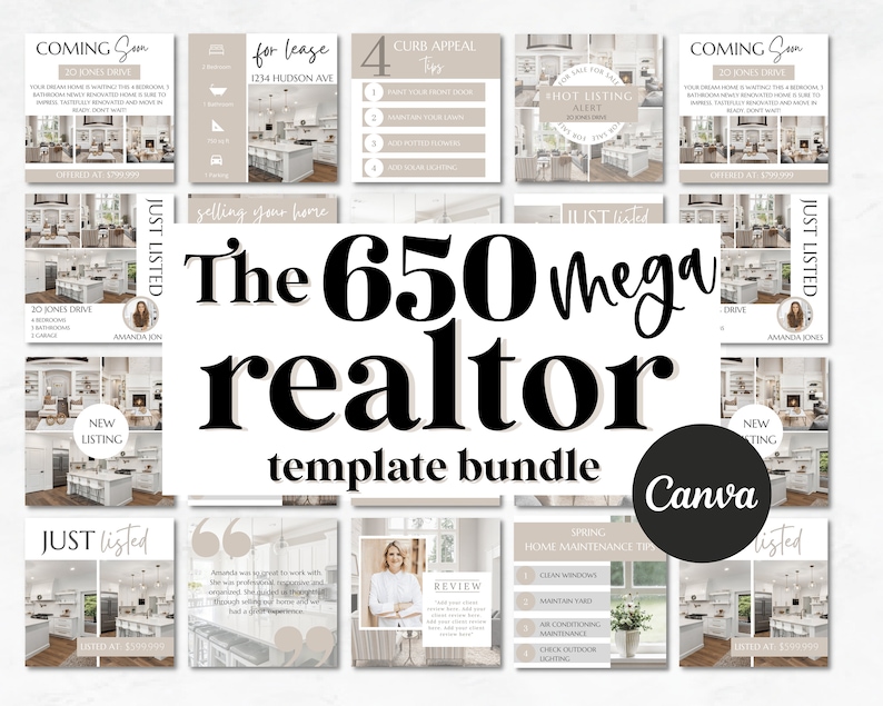 May include: A collage of images promoting real estate services. The images feature homes, kitchens, and a realtor. The text "The 650 mega realtor template bundle Canva" is displayed in bold black letters.