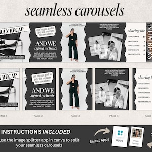 May include: A digital marketing graphic with the text "seamless carousels" at the top. The graphic includes a "July Recap" section, client statistics, and instructions for using an image splitter app.
