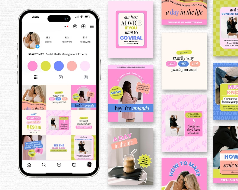 Puede incluir: Un collage de gr&aacute;ficos coloridos de historias de Instagram con consejos para crecer en las redes sociales. Los gr&aacute;ficos presentan texto como "nuestro mejor consejo si quieres volverte viral", "exactamente por qu&eacute; no est&aacute;s creciendo en las redes sociales", "un d&iacute;a en la vida", "conoce a tu mejor amiga", "el secreto de una est&eacute;tica", "pon el list&oacute;n bajo", "c&oacute;mo hacer", "c&oacute;mo escalar", "debes saber", y "roba nuestro contenido".
