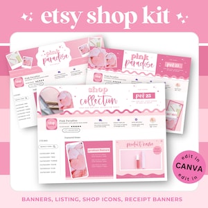 Könnte beinhalten: Ein rosa Etsy Shop-Kit mit Bannern, Listing-Vorlagen, Shop-Icons und Quittungsbannern. Das Design zeigt den Text "Pink Paradise" und "Shop Collection" in einer verspielten Schriftart. Das Kit enthält editierbare Vorlagen.