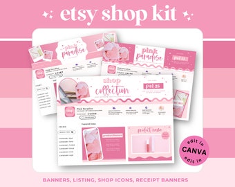 Puede incluir: Un kit de tienda Etsy rosa con banners, plantillas de listado, iconos de tienda y banners de recibos. El diseño presenta el texto "Pink Paradise" y "Shop Collection" en una fuente lúdica. El kit incluye plantillas editables.