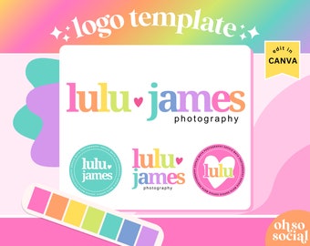 Colorful Business Logo Design: Retro Boho Style (4 Logos, Canva Template)