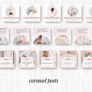 May include: A pink and white carousel post template with the text "5 Ways to Read More During the Week" and numbered tips for reading more. The template includes images of a woman reading a book.