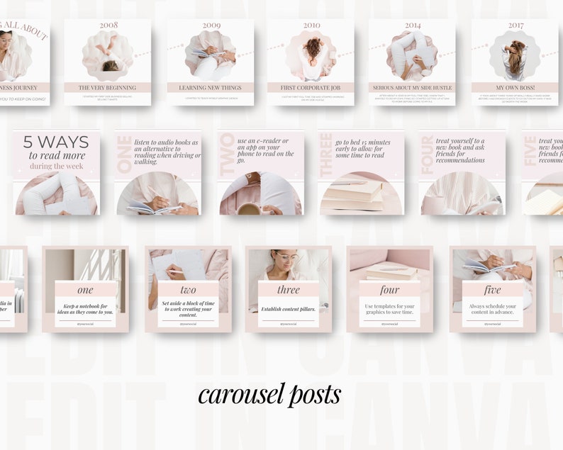 May include: A pink and white carousel post template with the text "5 Ways to Read More During the Week" and numbered tips for reading more. The template includes images of a woman reading a book.