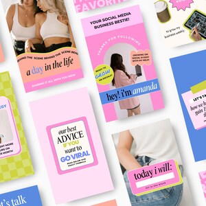 Puede incluir: Una colecci&oacute;n de gr&aacute;ficos de redes sociales coloridos con superposiciones de texto. Los gr&aacute;ficos presentan una variedad de temas, que incluyen consejos comerciales, estrategia de contenido y marca personal. El texto incluye frases como "steal my content strategy", "our best advice", "ready to grow on social" y "hey! I'm amanda".